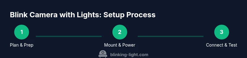 Process infographic showing plan, mount/power, and connect/test steps for Blink camera with lights