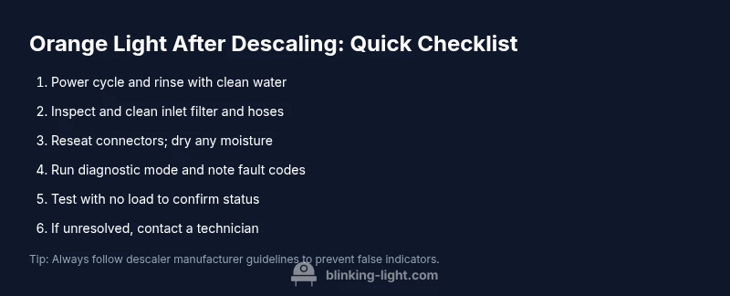Checklist infographic showing steps to troubleshoot orange light after descaling