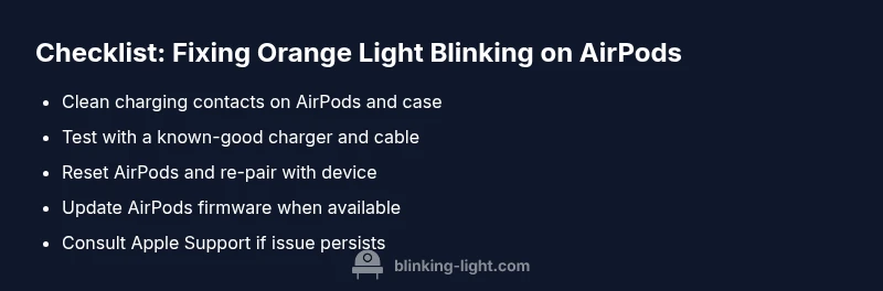 Checklist infographic for AirPods orange light blinking troubleshooting